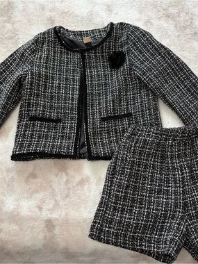 Girls Black & White Tweed Jacket and Shorts Set - Classic Two-Piece Pajama Set